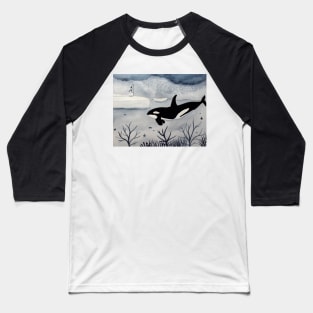 Orca in Winter Landscape Watercolor Illustration Baseball T-Shirt